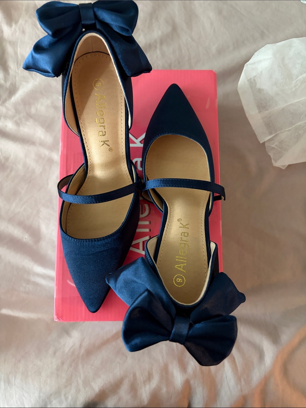 Allegra K Satin Navy heels with removable bows